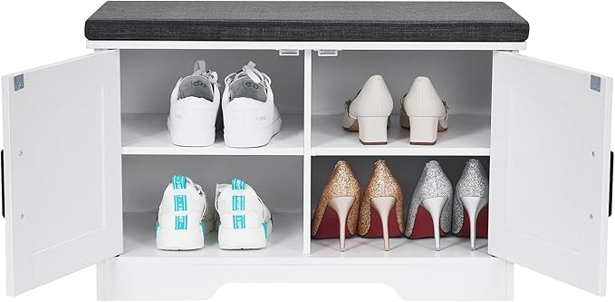 2-Tier Storage Bench, Shoe Bench with Padded Seat Cushion, Entryway Bench with 2 Barn Doors, Adjustable Shelf, 13.8" D x 27.6" W x 17.7" H, for Entryway, Living Room, Bedroom, White-PawvioPets