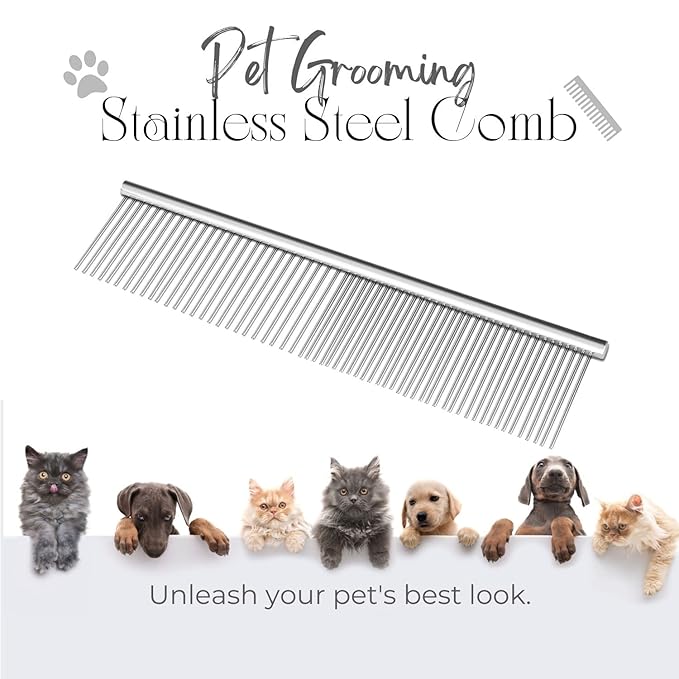 Flexzion Grooming Comb for Dogs – Stainless Steel Professional Cat Comb and Animal Tool for Removing Tangles and Knots on Medium Pets with Smooth Needle Teeth – 45mm, 1 Large-PawvioPets