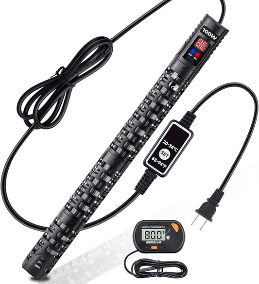 Aquarium Heater Submersible Fish Tank 100W& Turtle Tank Heater with External Adjustment Controller, Included Thermometer, LED Display, Overheat Protection, Detachable Cover, for Saltwater&Freshwater-PawvioPets