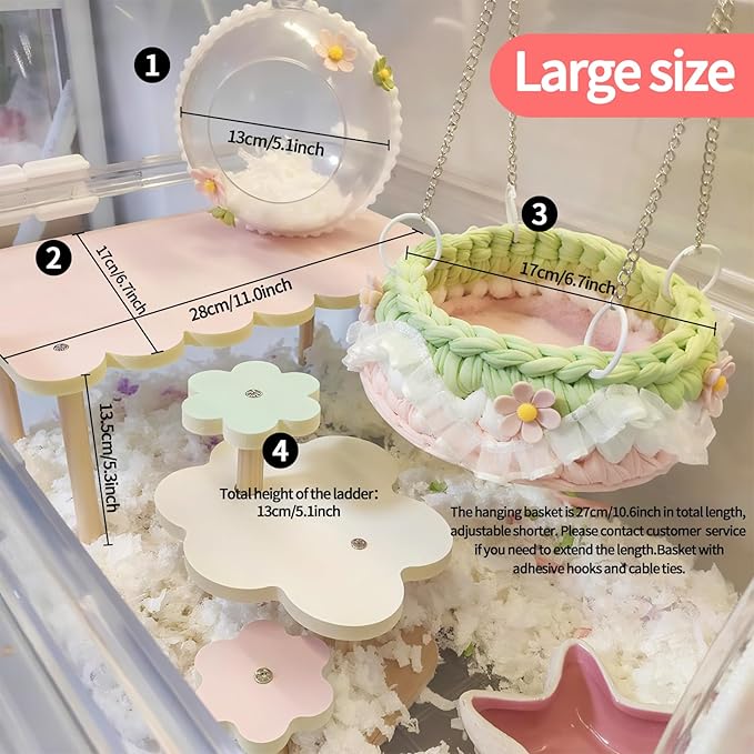 4-Pack Wooden Rat Cage Accessories - Platforms, Ladders & Hammocks Set for Chinchillas, Hamsters, Gerbils (for Iron/Wooden, Acrylic Hamster Cages + Customizable Layout) (11x6.7x5.5)-PawvioPets