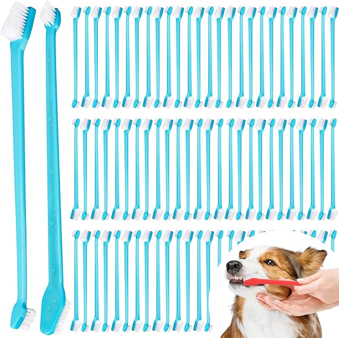 Brand Name 100pcs Double Headed Soft Bristle Toothbrush Brush Kit - Long Handle for Dogs, Cats & Pets - Blue-PawvioPets