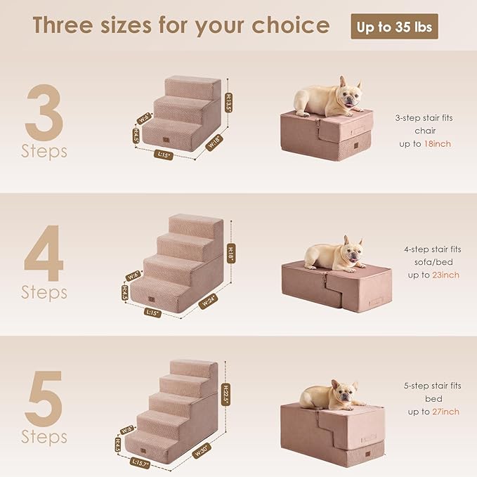 EHEYCIGA Dog Stairs for Small Dogs 13.5" H, 3-Step Dog Steps for Couch Sofa and Chair, Pet Steps for Medium Cats, Non-Slip Balanced Pet Ramp Indoor, Pink-PawvioPets