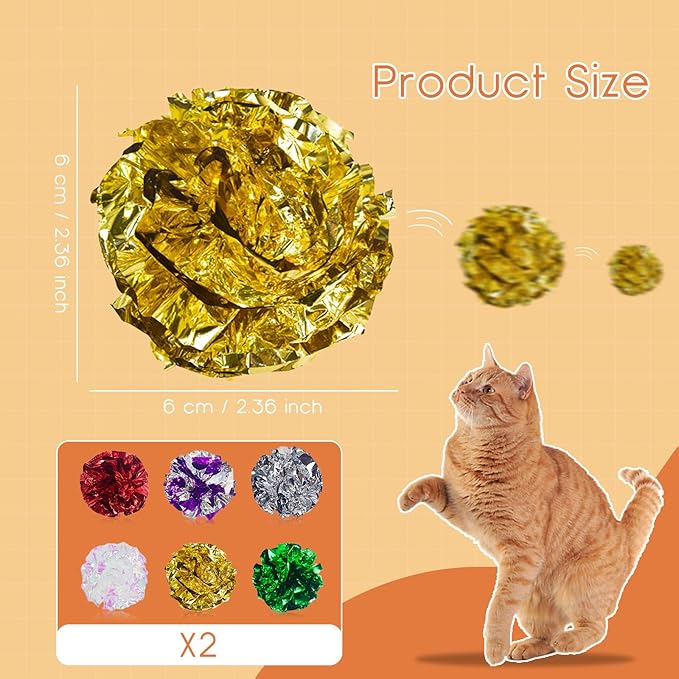 Andiker Cat Crinkle Balls, 2.36 Inches 6 Colors 12pcs Cat Balls Chew and Chase Kitten Mylar Crinkle Ball Lightweight Cats Toys for Indoor Cats to Keep Fit and Active(12pcs)-PawvioPets