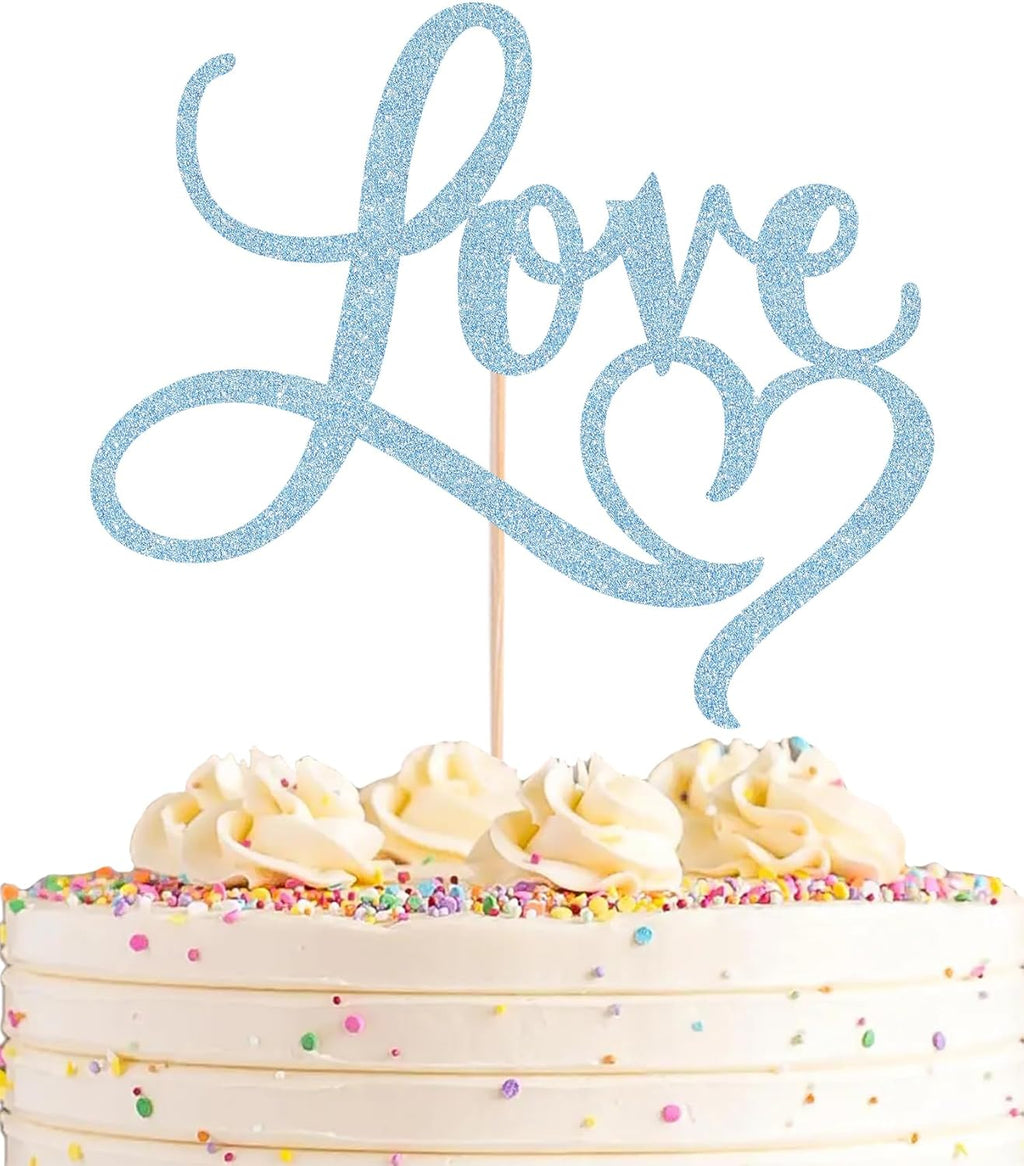 Love Cake Topper - Light Blue Glitter Paper Wedding Cake Decoration Supplies, Perfect for Bridal Shower/Engagement/Anniversary/Birthday Party