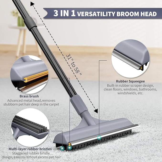3 in 1 Carpet rake Kit for Pet Hair Removal Tool - Reusable Pet Hair Remover Broom w 58" Adjustable Long Handle, Dog & Cat Carpet Scraper, Pet Hair Remover for Rugs, Mats, Couch, Curtains(Gray)-PawvioPets