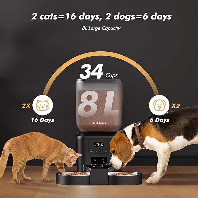 Automatic Cat Feeder for 2 Cats - 8L/34 Cups Large Capacity Auto Cat Food Dispenser with LCD Screen, 2 Food Trays, Timed Feeder, Up to 50 Portions 6 Meals Per Day, Keep Fresh-PawvioPets
