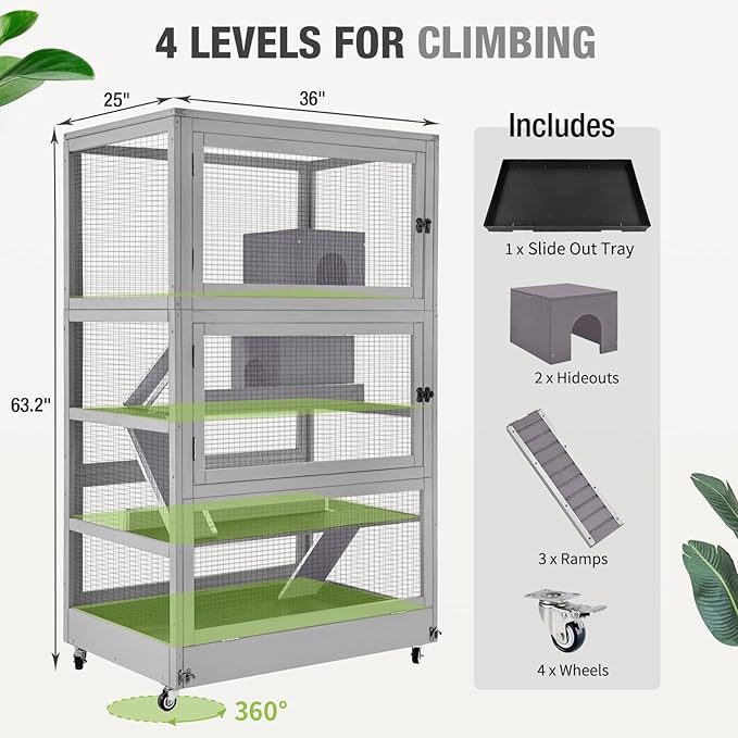 Ferret Cage Rat Cage Indoor Outdoor, Large Guinea Pig Cages with 4 Levels, Wooden Chinchilla Cage with Wheels for Hamster, Chameleon, Gerbils and Other Small Animals Anti-Chewing-PawvioPets