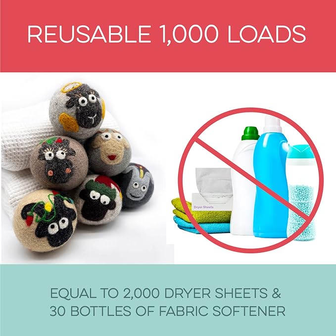 Fluff Ewes Wool Dryer Balls 6 Pack Premium New Zealand Wool Laundry Balls for Dryer, No Static Dryer Balls Laundry Reusable, XL Christmas Dryer Balls, Holiday Dryer Balls - Sheep in Heavenly Peace-PawvioPets