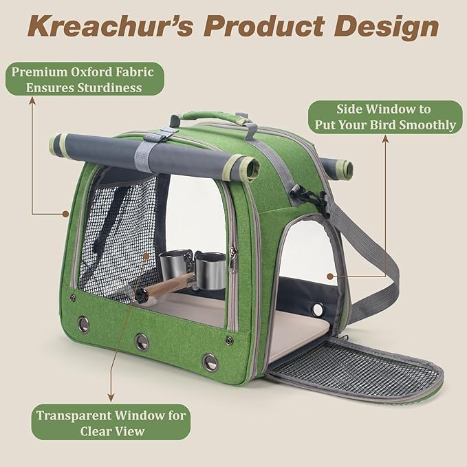 Bird Carrier Parrot Travel Cage with Perch, Food Bowl, Tray and Breathable Clear Window, Bird Travel Bag for African Gray Cockatiel Caique Conure Quaker, for Vetting Camping Hiking (Green)-PawvioPets