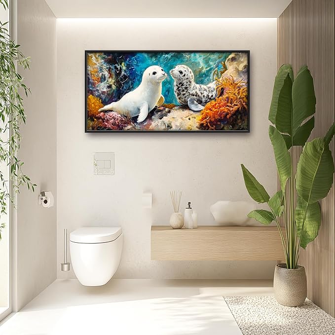 Extra Large Seal Framed Wall Art for Living Room,Oversized Underwater Animal Pictures Wall Decor,Ocean Coral Reef Canvas Print Painting Modern Artwork Bedroom Office Bathroom 60L" x 30W"-PawvioPets