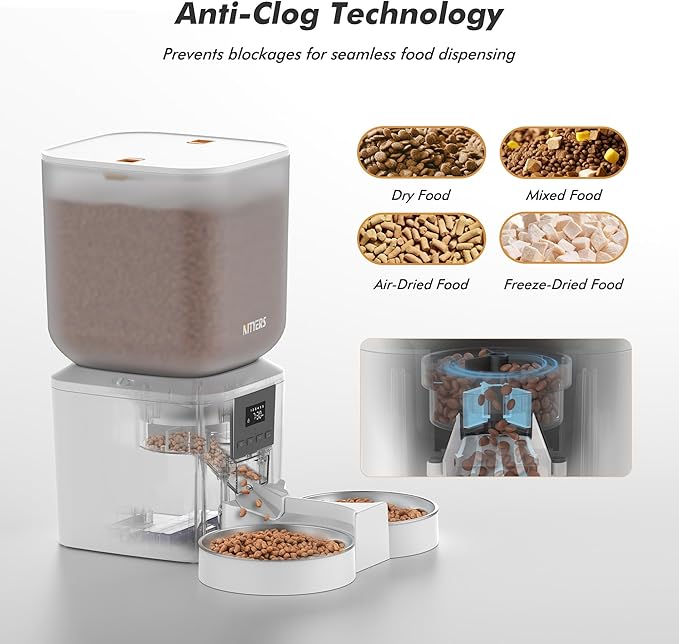 Automatic Cat Feeder for 2 Cats - 8L/34 Cups Large Capacity Auto Food Dispenser with LCD Screen, 2 Food Trays, Timed Cat Feeder, Up to 50 Portions 6 Meals Per Day, Keep Fresh, White-PawvioPets