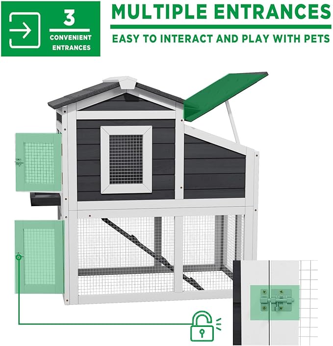 2 Story Rabbit Cage, Weatherproof Rabbit Hutch Indoor & Outdoor, Wooden Guinea Pig Cages with Removable Tray Openable Roof for Small to Medium Animals-PawvioPets