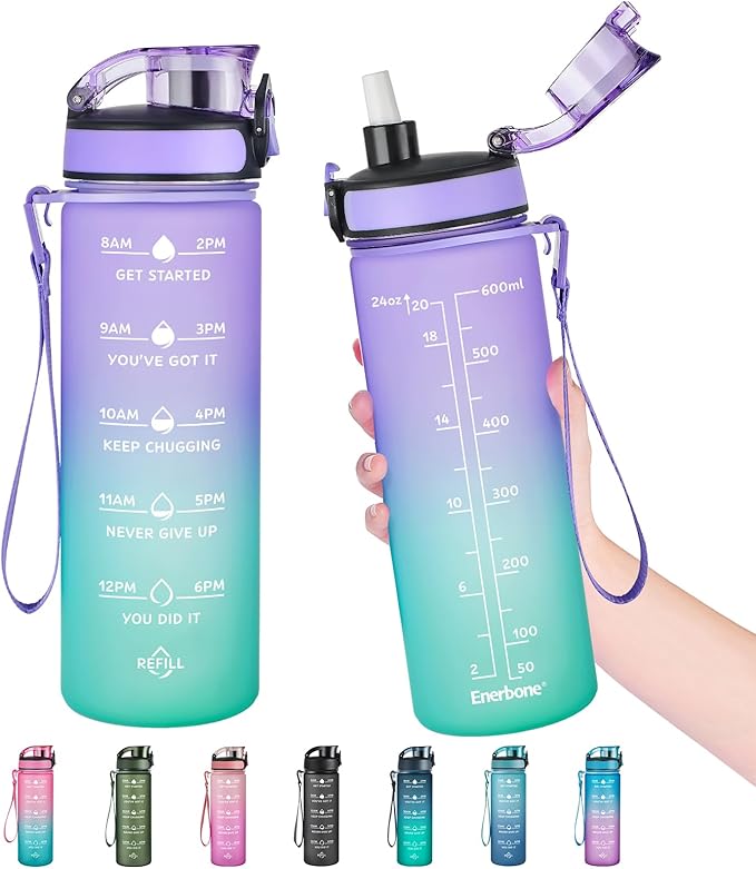 Enerbone Water Bottle, Leakproof BPA & Toxic Free, Motivational Water Bottle with Times to Drink and Straw, Fitness Sports Water Bottle with Strap for Office, Gym, Outdoor Sports-PawvioPets