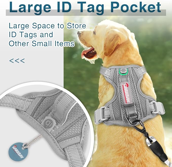 BARKBAY Dog Harness No Pull with ID Tag Pocket - Heavy Duty, Reflective, Easy Control for Large Dogs(Grey,L)-PawvioPets