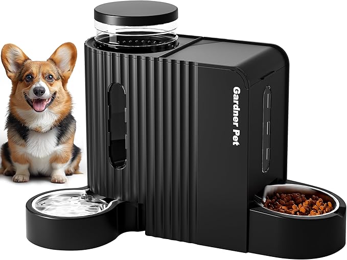 Automatic Gravity Pet Feeder, 1.8 Gallons*2 Dog Feeder and Water Dispenser Set, 2-in-1 Automatic 100% BPA-Free Feeder and Stainless Steel Water Dispenser for Dogs, Cats, Rabbits, Puppies (Black)-PawvioPets