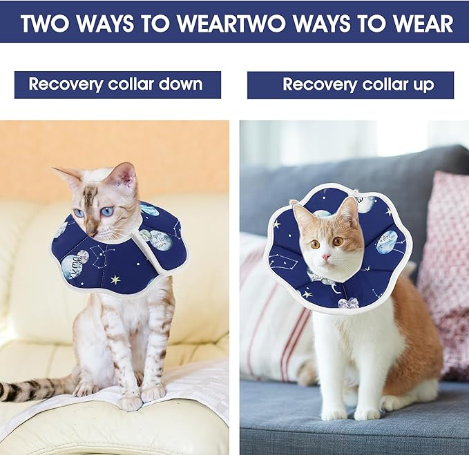 Cobee Soft Cat Cone Collar, Protective Cute Small Cat Recovery Collar Adjustable Fasteners Collars for Kittens Cats E-Collars After Surgery Wound Healing, Fit 6.3"-9" Neck Circumference(Constellation)-PawvioPets