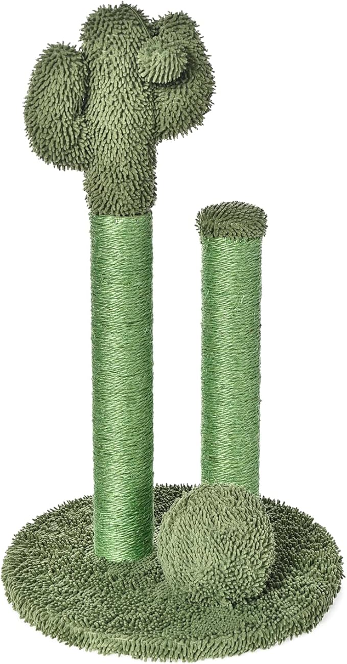 Amazon Basics Cat Scratcher - Indoor Cactus Triple Posts Cat & Kittens Scratching Post with Dangling Ball, Small (22.4"H) - Green-PawvioPets