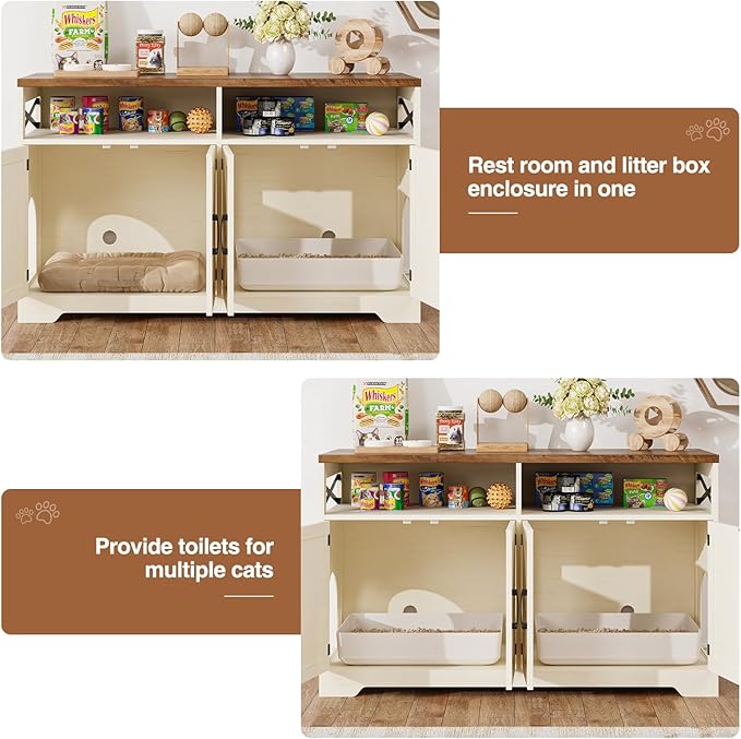 Cat Litter Box Enclosure for 2 Cats, 47" Hidden Litter Box Furniture Cat Washroom with Double Large Room, Farmhouse Indoor Litter Box Cabinet TV Stand, White-PawvioPets