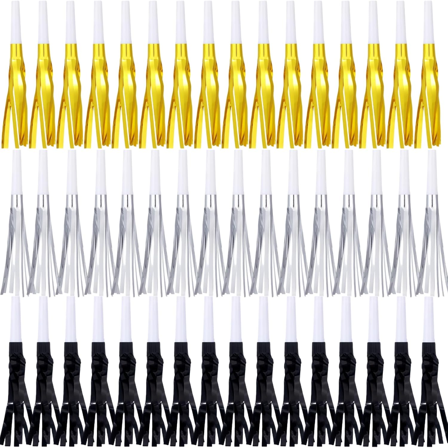 Metallic Fringed Noise Makers, for Noise Makers Party Favors, New Year Party, Baby Shower, Kids Birthday, 48 Pcs, Gold, Silver, Black
