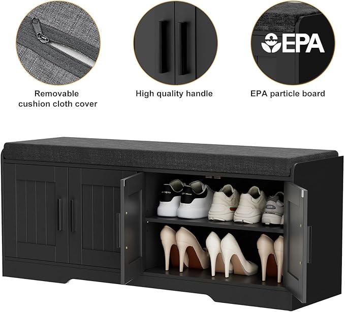 2-Tier Storage Bench, Shoe Bench with Thickened Padded Seat Cushion, Entryway Bench with 4 Doors, Adjustable Shelf, 13.8" D x 45.3" W x 18.5" H, for Entryway, Living Room, Bedroom, Black-PawvioPets