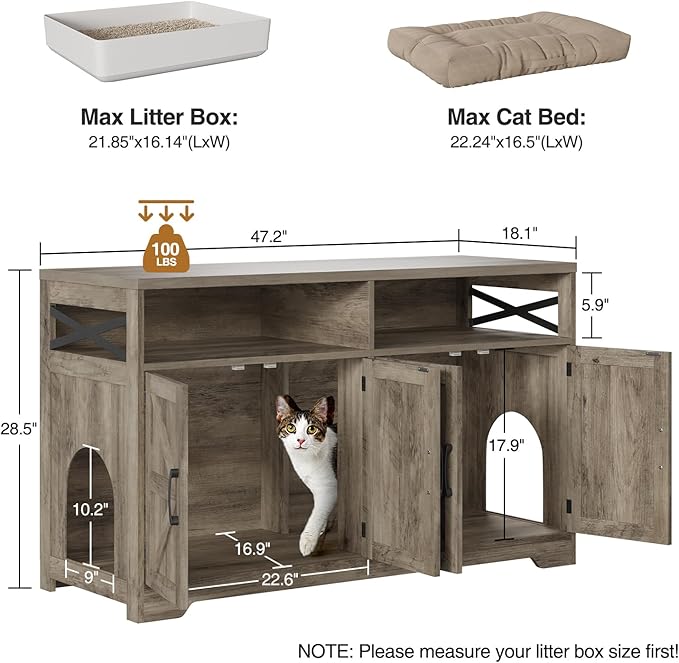 Cat Litter Box Enclosure for 2 Cats, 47" Hidden Litter Box Furniture Cat Washroom with Double Large Room, Farmhouse Indoor Litter Box Cabinet TV Stand, Grey-PawvioPets