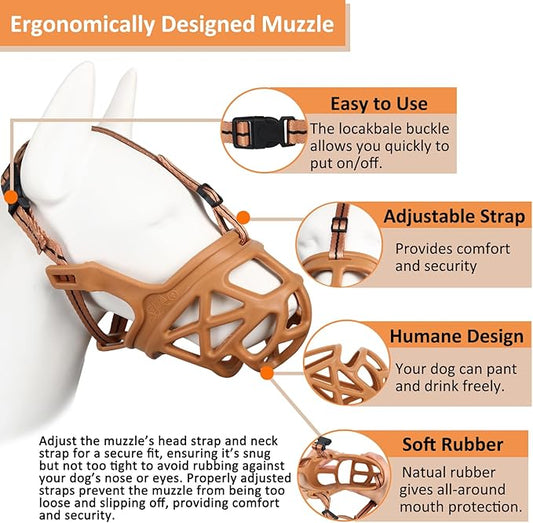 BARKLESS Dog Muzzle, Basket Muzzle for Biting, Chewing and Scavenging, Humane Cage Mouth Cover, Perfect for Grooming and Training Large Aggressive Reactive Dogs (L, Brown)-PawvioPets