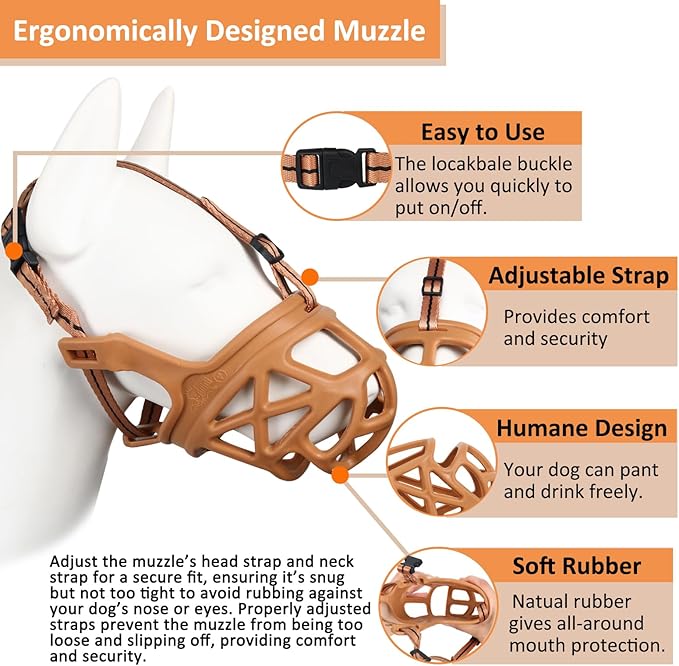 BARKLESS Dog Muzzle, Basket Muzzle for Biting, Chewing and Scavenging, Humane Cage Mouth Cover, Perfect for Grooming and Training Small, Medium, Large Aggressive Reactive Dogs (M, Brown)-PawvioPets