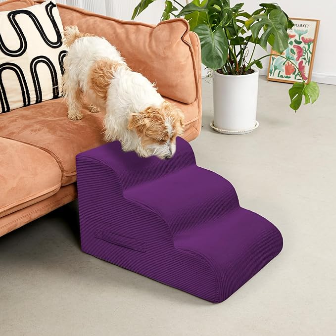 Dog Steps for Small Dogs, 3-Step Dog Ramp and Stairs for High Beds and Sofa, Non-Slip Pet Stairs Removable and Easy to Clean Cover, Purple-PawvioPets