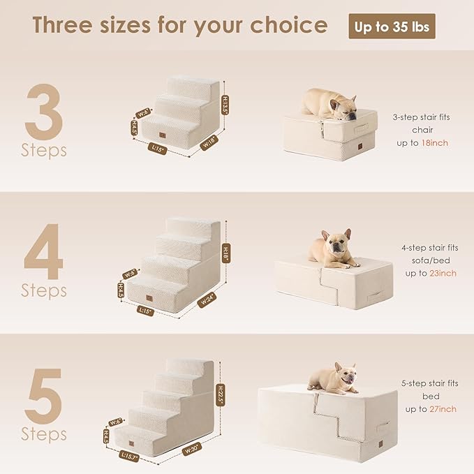 EHEYCIGA Dog Stairs for Small Dogs 13.5" H, 3-Step Dog Steps for Couch Sofa and Chair, Pet Steps for Medium Cats, Non-Slip Balanced Pet Ramp Indoor, Beige-PawvioPets