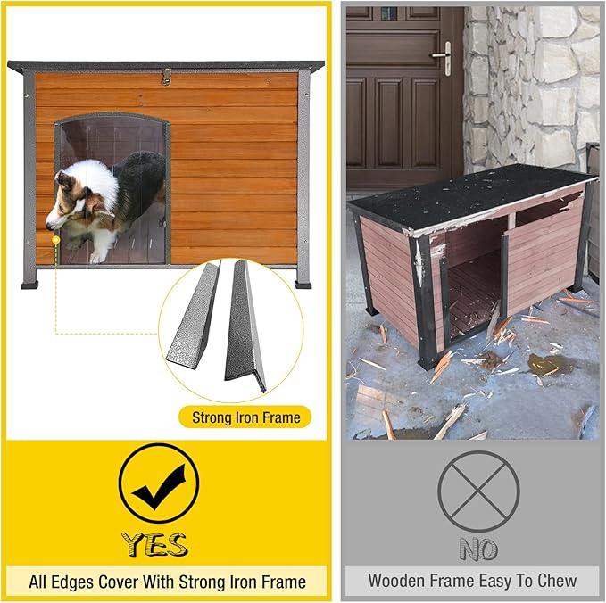 Aivituvin Dog House Outdoor & Indoor Wooden Dog Kennel for Winter with Raised Feet Weatherproof for Small & Medium & Large Dogs,Unique All-Around Iron Frame…-PawvioPets