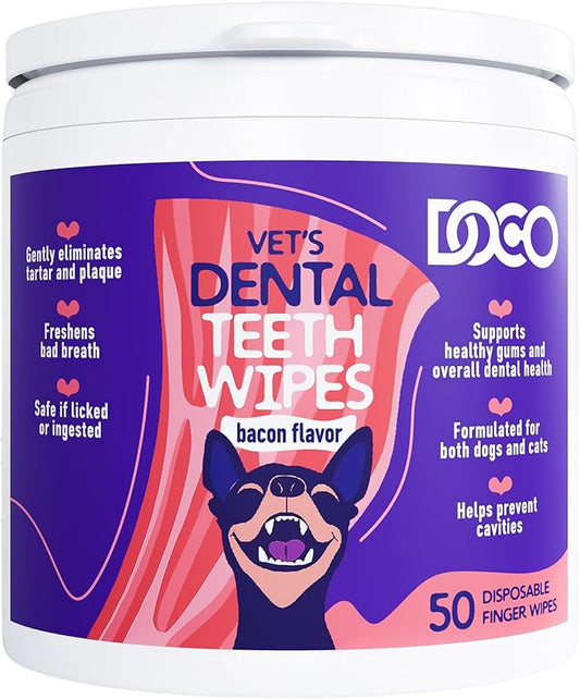 DOCO Dog Teeth Cleaning Wipes Dental Finger Wipes for Cats & Dogs Remove Plaque & Tartar, Freshen Breath, No Rinse, Easy & Effective Pet Tooth Cleaning Kit for Oral Care, Bacon Flavor, 50 Count-PawvioPets