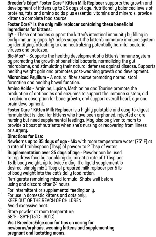 Breeder's Edge Foster Care Feline - Powdered Milk Replacer - for Kittens & Cats - 12oz-PawvioPets