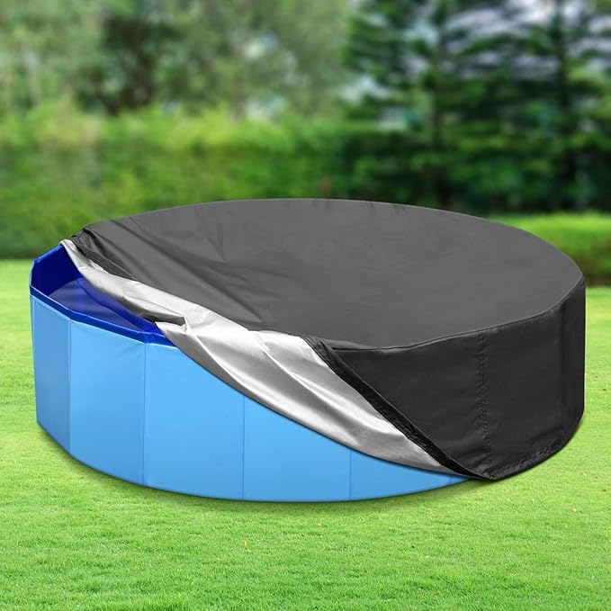 55 inch Foldable Dog Pet Bath Pool Cover, Portable Round Collapsible Pool Cover with Oxford Cloth Material and Drawstring Design for Dog Pet Pool, Waterproof and Dustproof (Black)-PawvioPets