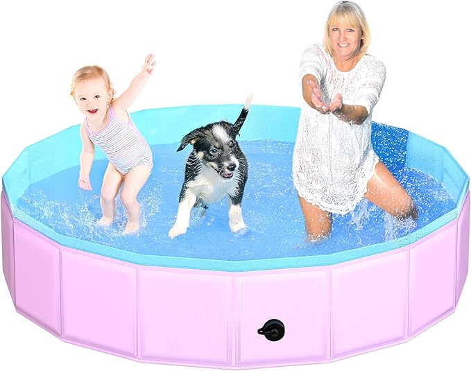 2025 Updated Foldable Dog Pool, 71" x 12" Kiddie Pool with Hard Plastic, Non-Slip Dog Bath Tub for Outdoor Backyard, Collapsible Dog Swimming Pool for Kids Dogs Pets (Pink)-PawvioPets