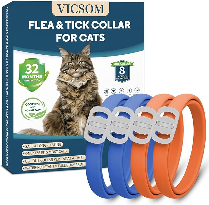 4 Pack Flea and Tick Collar for Cats, 32 Months Flea and Tick Treatment, Flea and Tick Prevention, Waterproof, Adjustable Flea and Tick Collar for Kittens, Blue & Orange-PawvioPets