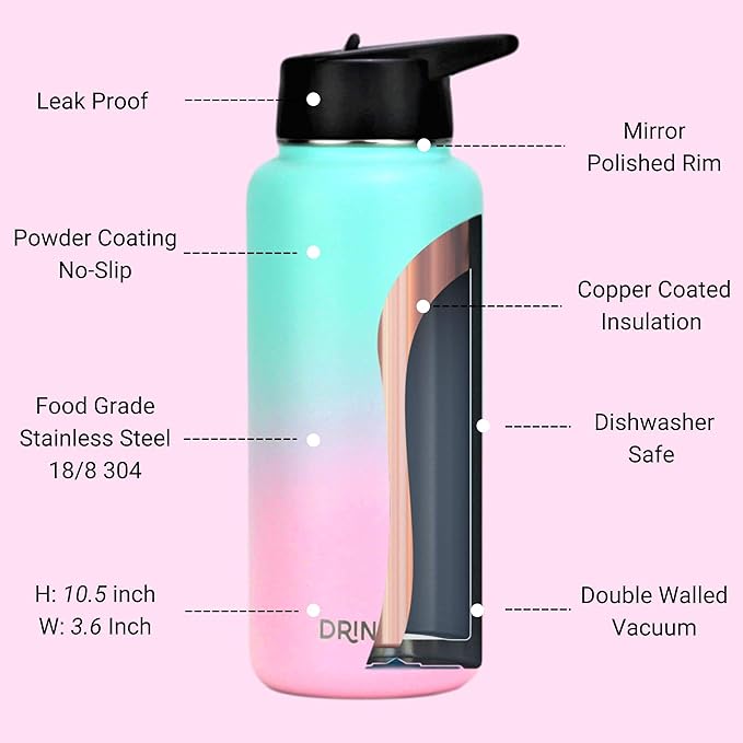 DRINCO Stainless Steel Water Bottle Spout Lid Vacuum Insulated Double Wall Water Bottle Wide Mouth (40oz 32oz 22oz 18oz 14oz) Leak Proof Keeps Cold or Hot (32 oz, 32oz Macaron)-PawvioPets