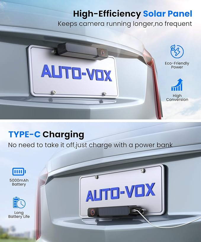 AUTO-VOX Solar Wireless Backup Camera with 5" 1080P Monitor: 5000mAh Battery 2 Mins DIY Installation & 2 Split Screen Back Up Camera, IP69K Waterproof Reverse Camera for Car, Van, SUV, Truck, Trailer-PawvioPets