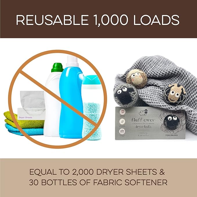 Fluff Ewes Wool Dryer Balls 3 Pack Premium New Zealand Wool Laundry Balls for Dryer, No Static Dryer Balls Laundry Reusable Cute - XL Wool Dryer Balls Cute, Baby Dryer Balls for Dryers - Darks-PawvioPets