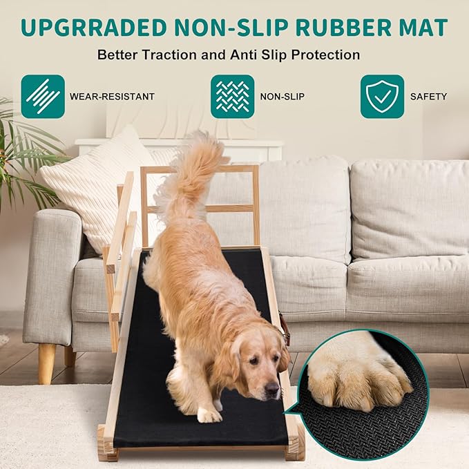 Dog Ramp for Bed, Adjustable Pet Ramps for Dog to Get on Bed, Non-Slip Rubber Surface - Folding Wooden Dog Ramp for Small/Large/Old Dogs, Adjustable up to 23.5 inch High Beds, Safety Railings-PawvioPets