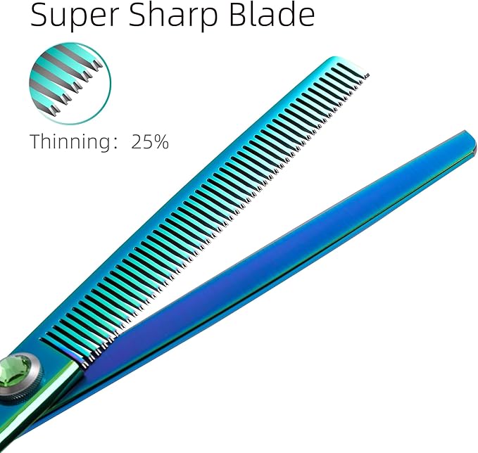 Fenice Peak 7'' Green Thinning Dog Grooming Scissors Pet Shears with Ergonomic Offest Handle and Simulated Emerald Screw 440C Grooming Scissors Trimming Shears Durable and Sharp-PawvioPets