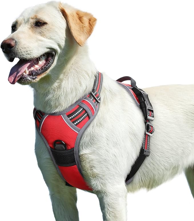 Eagloo Dog Harness for Large Dogs, No Pull Service Vest with Reflective Strips and Control Handle, Adjustable and Comfortable for Easy Walking, No Choke Pet Harness with 2 Metal Rings, Red, L-PawvioPets