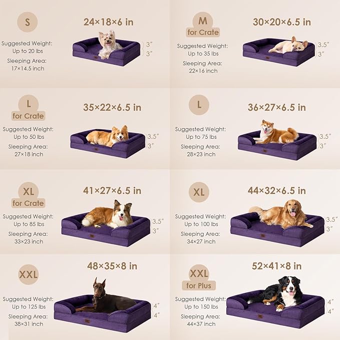 EHEYCIGA Orthopedic XL Dog Beds, Waterproof Memory Foam Dog Bed for Extra Large Dogs, Non-Slip Bottom and Egg-Crate Foam Big Pet Couch Bed with Washable Removable Cover, Purple-PawvioPets
