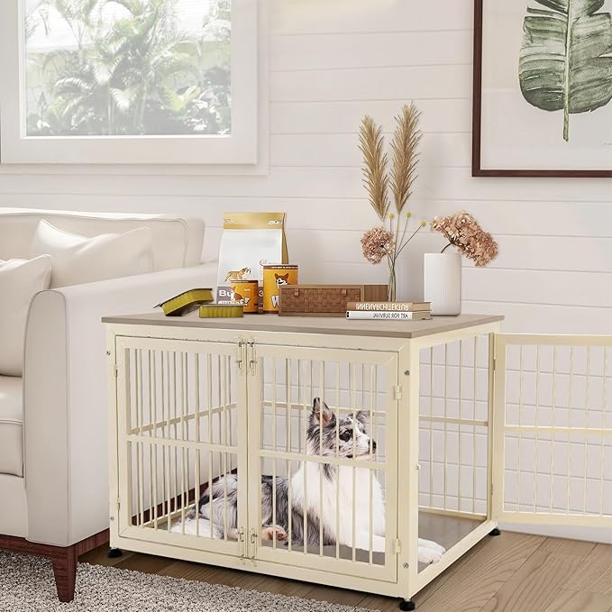 40 Inch Dog Crate Furniture for Large Medium Dogs, Wooden Heavy Duty Dog Kennel with Double Doors, Decorative Pet House Dog Cage Side End Table Indoor, Pet Cage Dog House, Beige-PawvioPets