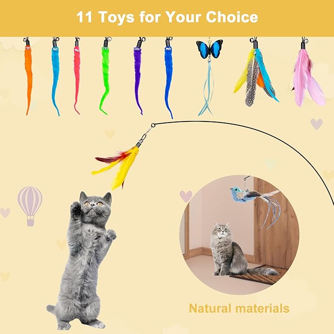 Cat Feather Toys, 14PCS With 2 Slots Super Suction Cup, Detachable 2PCS Wand & 11PCS Replacement Teaser Refills With Bell, Interactive Toy for Indoor Cats Kitten Play Exercise-PawvioPets