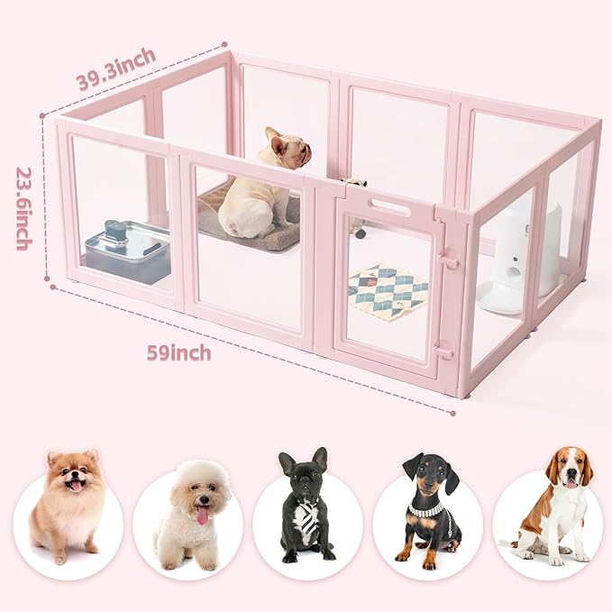 DIY Clear Acrylic Dog Playpen House,Quick Easy Assembly and Disassembly,Strong Floor Suction,Indoor and Outdoor Use,Easy Cleansing Puppy Fence (Sakura Pink, 23.6" H, 12PCS)-PawvioPets