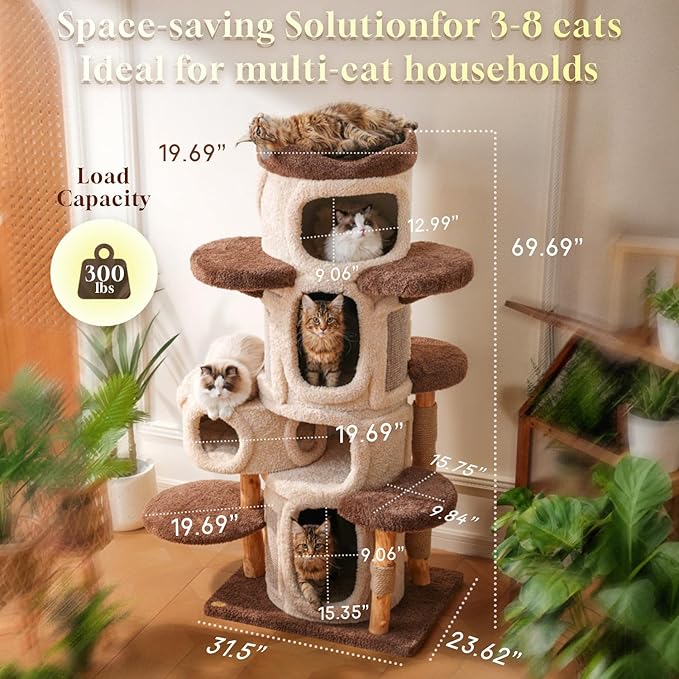 69.69'' Modern Cat Tree for Indoor Cats Large Adult, Luxury Cat Tower with Scratching Post, Multi Level Spacious Condo, Heavy Duty Kitty House, Sturdy Cat Activity Center for Large Cat-PawvioPets