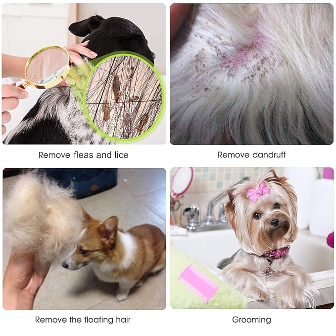 Flea Comb Lice Comb Cat Comb Dog Comb Pet Grooming Combs Tear Stain Remover Comb Remove Mucus Crust 2-in-1 Metal Round Smooth Teeth Comb Remove Floating Hair Tangles Dander (pink)-PawvioPets