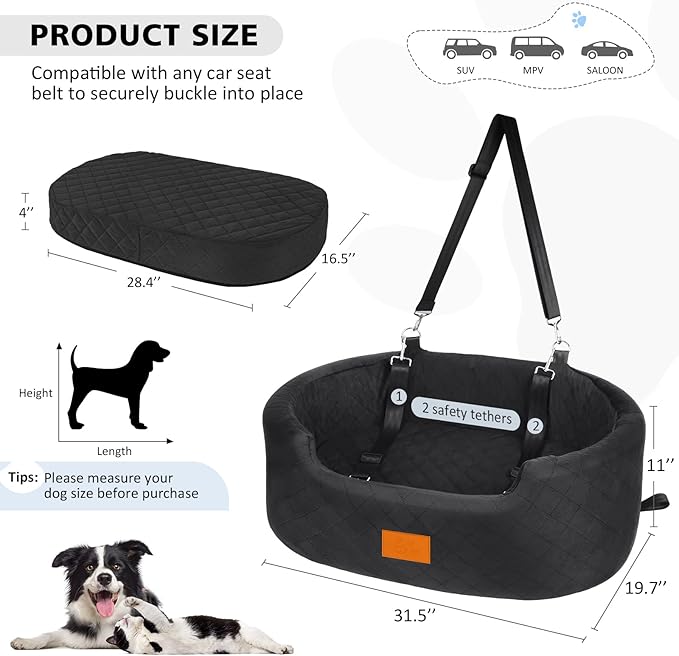 Dog Car Seat for Medium Dogs Up to 50 lbs, Pet Booster Seat for Cars SUVs and Trucks, Travel Dog Bed with Safety Strap, Thick Cushion, Non-Slip Base, Washable and Portable (Black)-PawvioPets