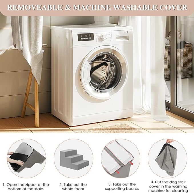 GGIB Dog Stairs for Small Dogs Cats Non-Slip Dog Steps for High Bed Pet Stairs for Sofa Couch Pet Ramp Pet Steps with Removable Washable Cover, Light Grey, 22" H, 5-Step-PawvioPets