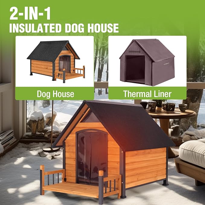 Dog House Outdoor Insulated, Sturdy & Warm Winter Puppy Shelter, 45" L Large Dog Kennel with Chew-Proof Iron Frame, Suitable for Small to Large Dogs(Brown)-PawvioPets